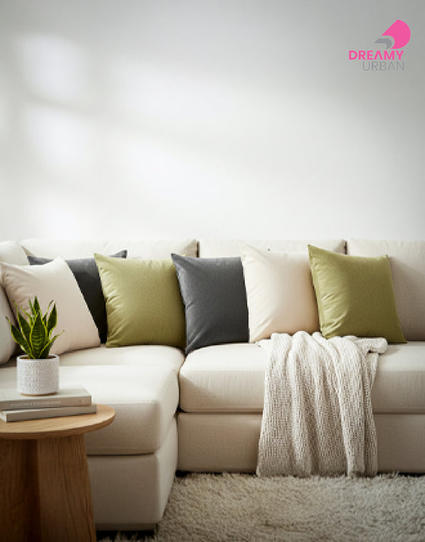 Light beige sofa with feather white, shadow grey, lush green cushion covers in modern living room