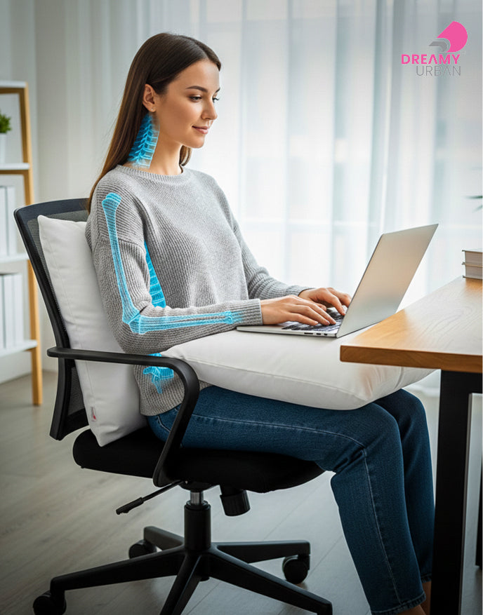 Cushion pads inner used for back and spine support on office chair while working on laptop at home desk